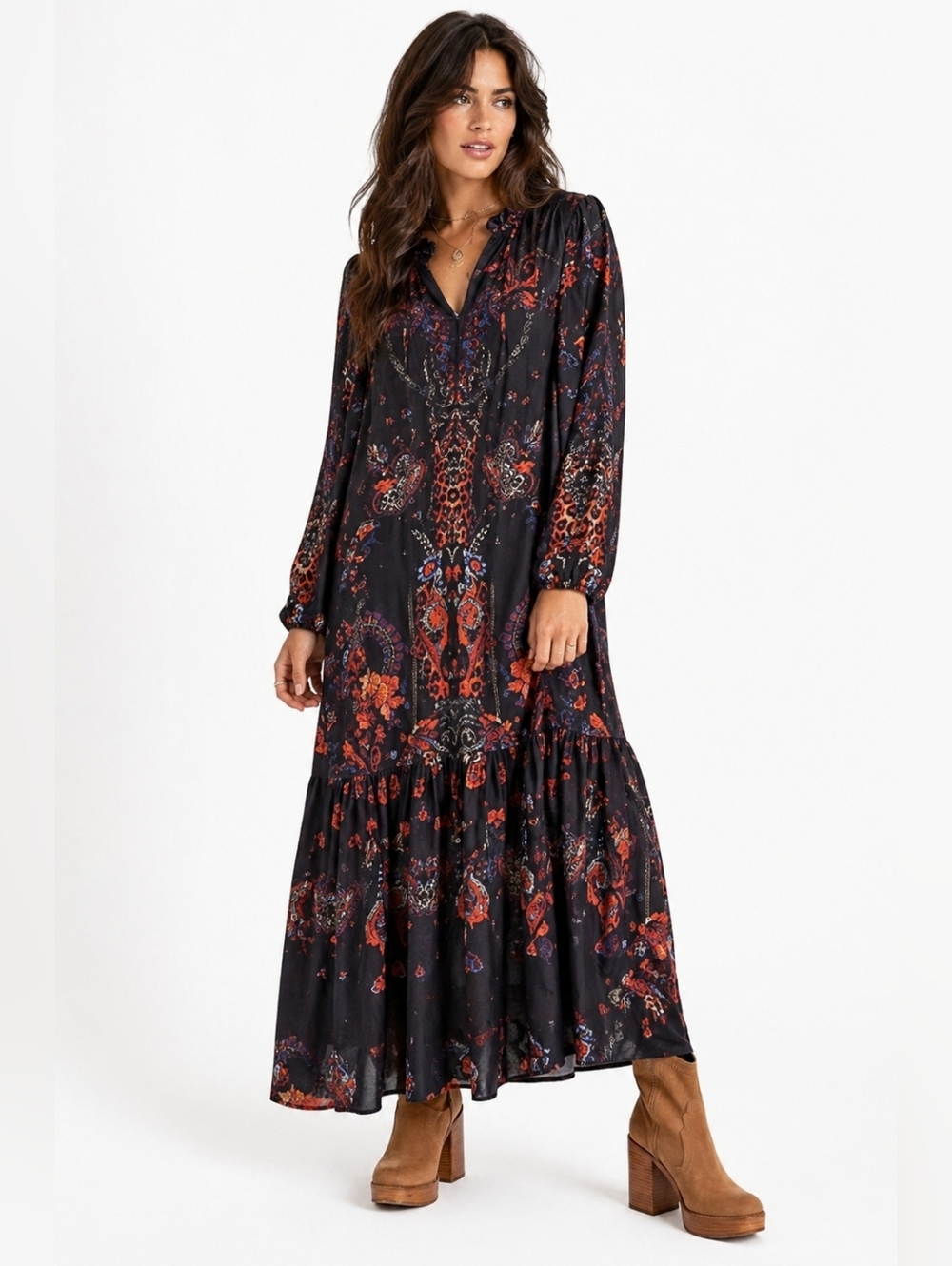 Chic Black and Red Animal Patterned Dalia Macphee Maxi Dress